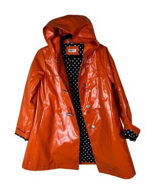 Jane Post Hooded Raincoat Jacket Size XS Orange Polka Dot Iconic Slicker Trench